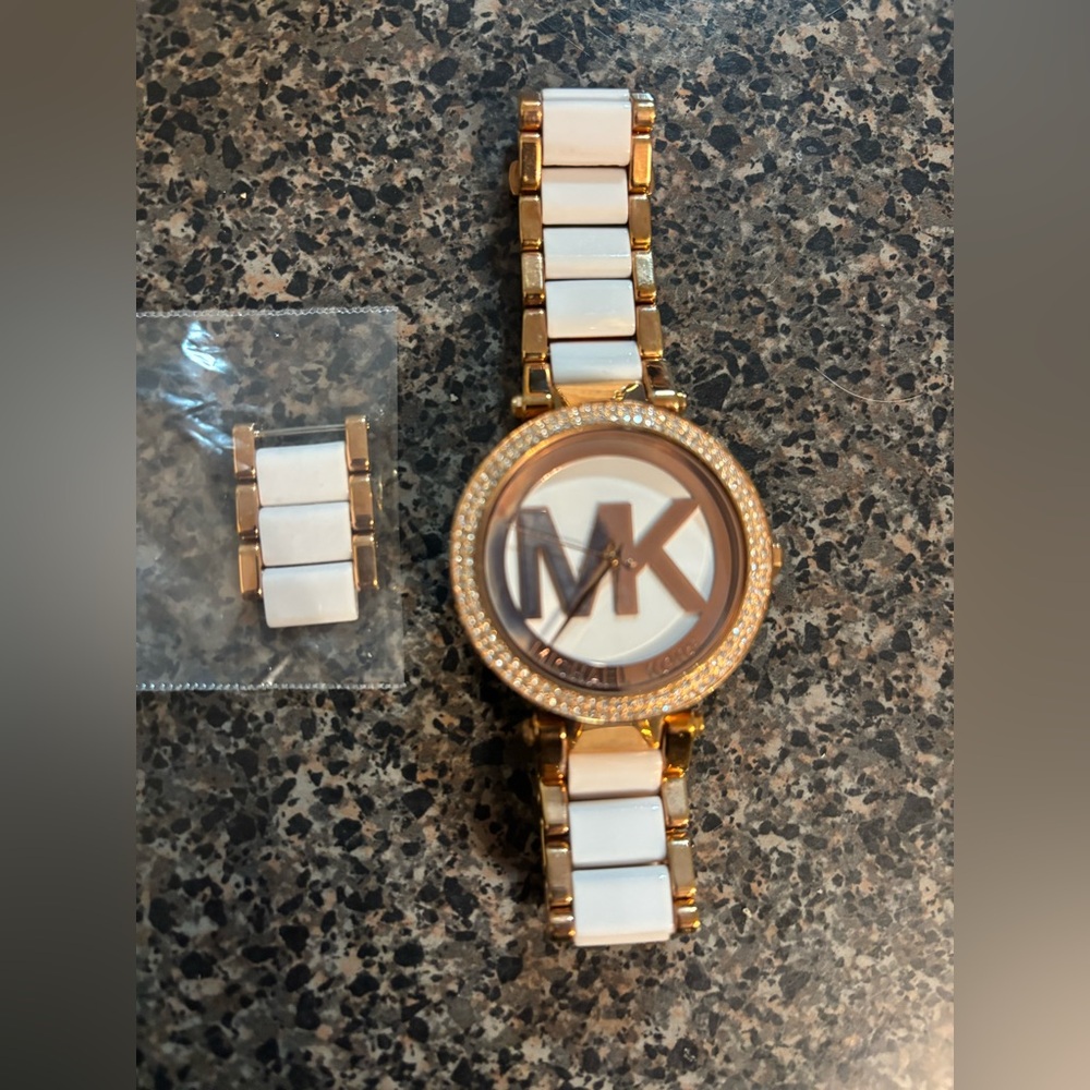 Michael Kors Rose Gold and White MK Logo Ceramic Link Watch